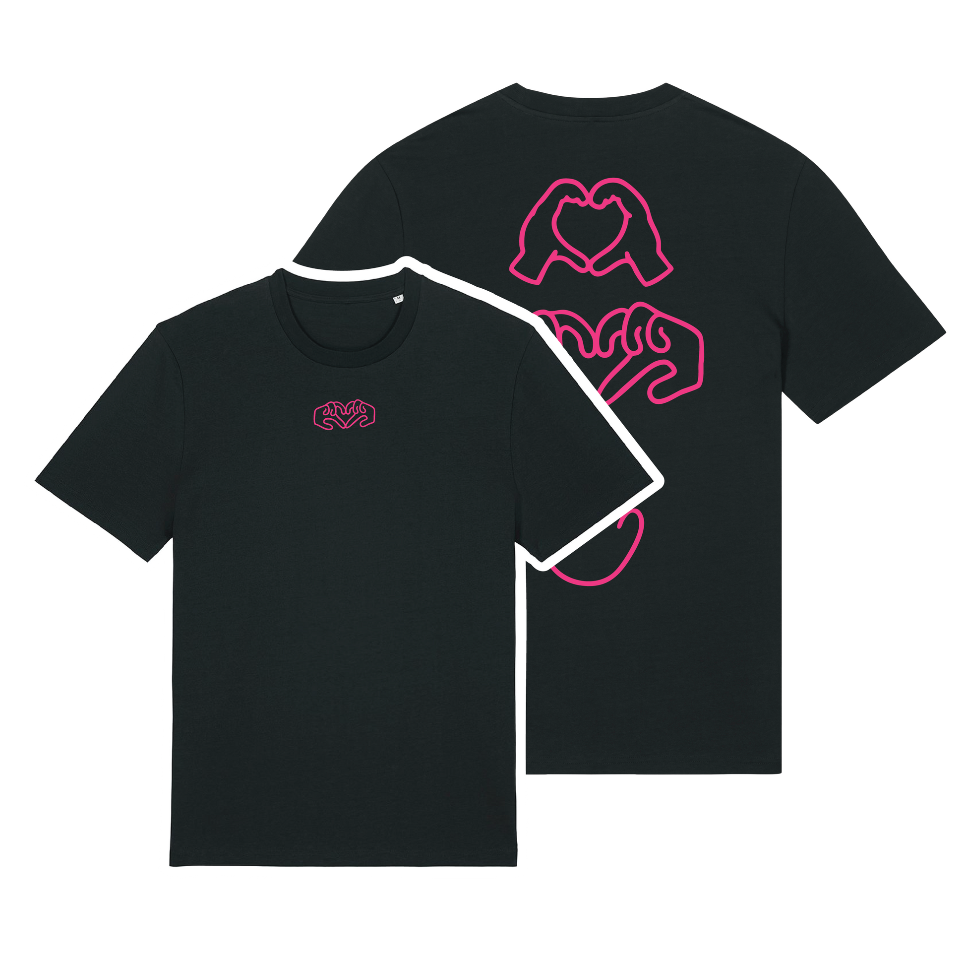 Black t-shirt with dual Gen Z line-art hand graphics with a neon pink puff print, soft cotton unisex fit