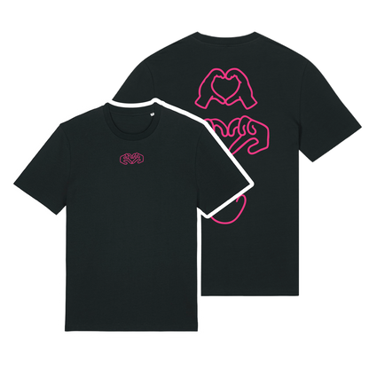 Black t-shirt with dual Gen Z line-art hand graphics with a neon pink puff print, soft cotton unisex fit