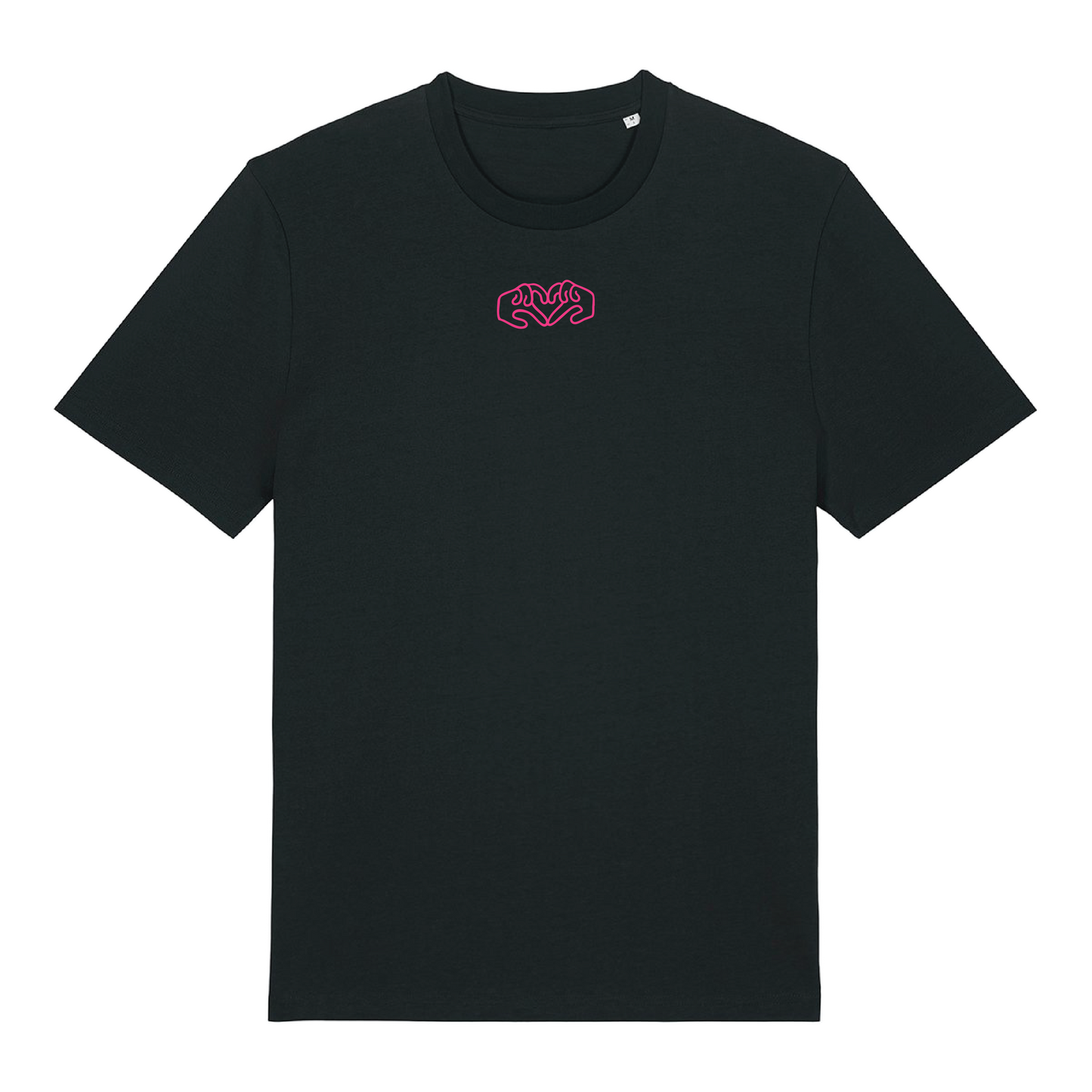 Black t-shirt with dual Gen Z line-art hand graphics with a neon pink puff print, soft cotton unisex fit