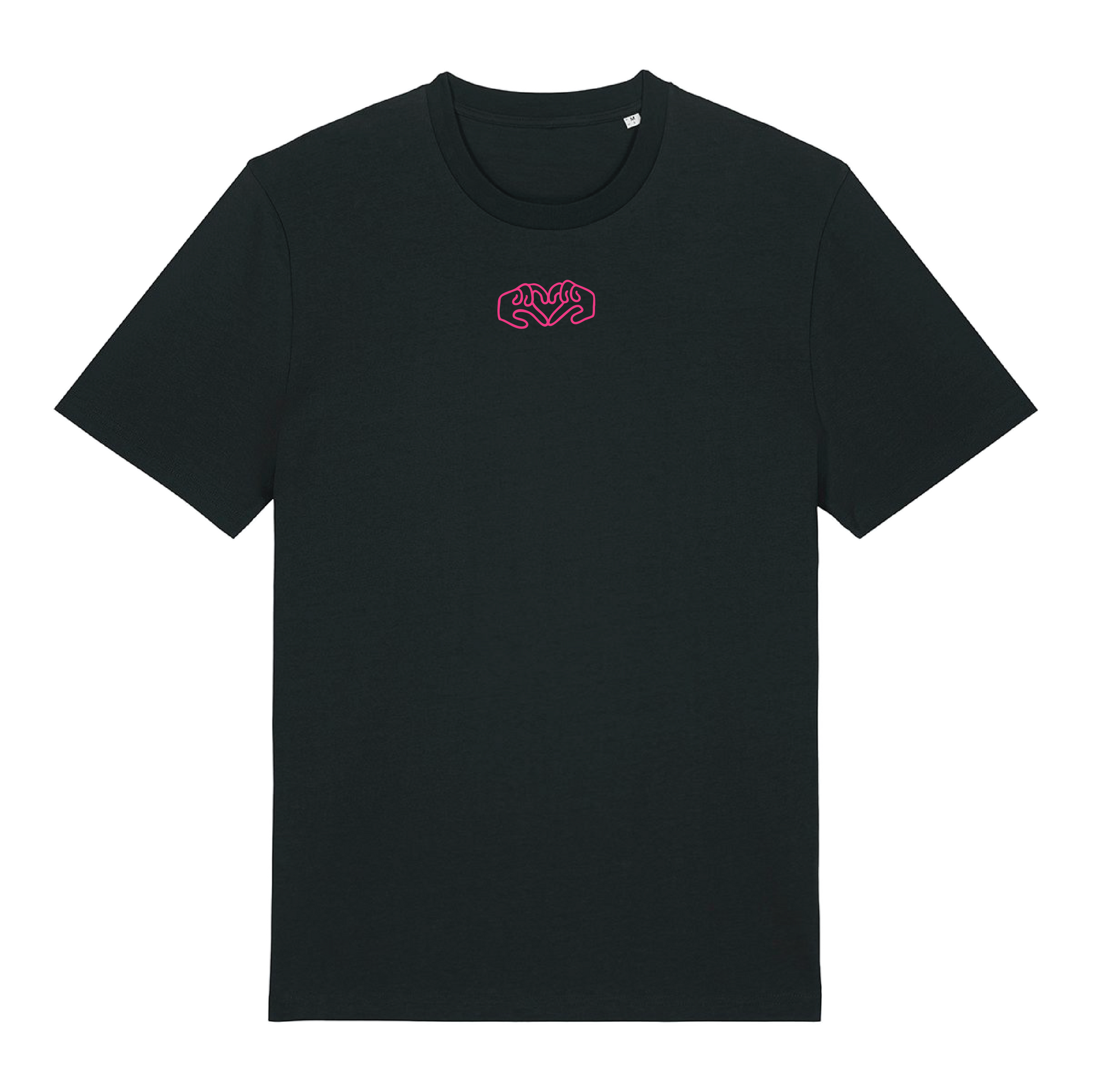 Black t-shirt with dual Gen Z line-art hand graphics with a neon pink puff print, soft cotton unisex fit