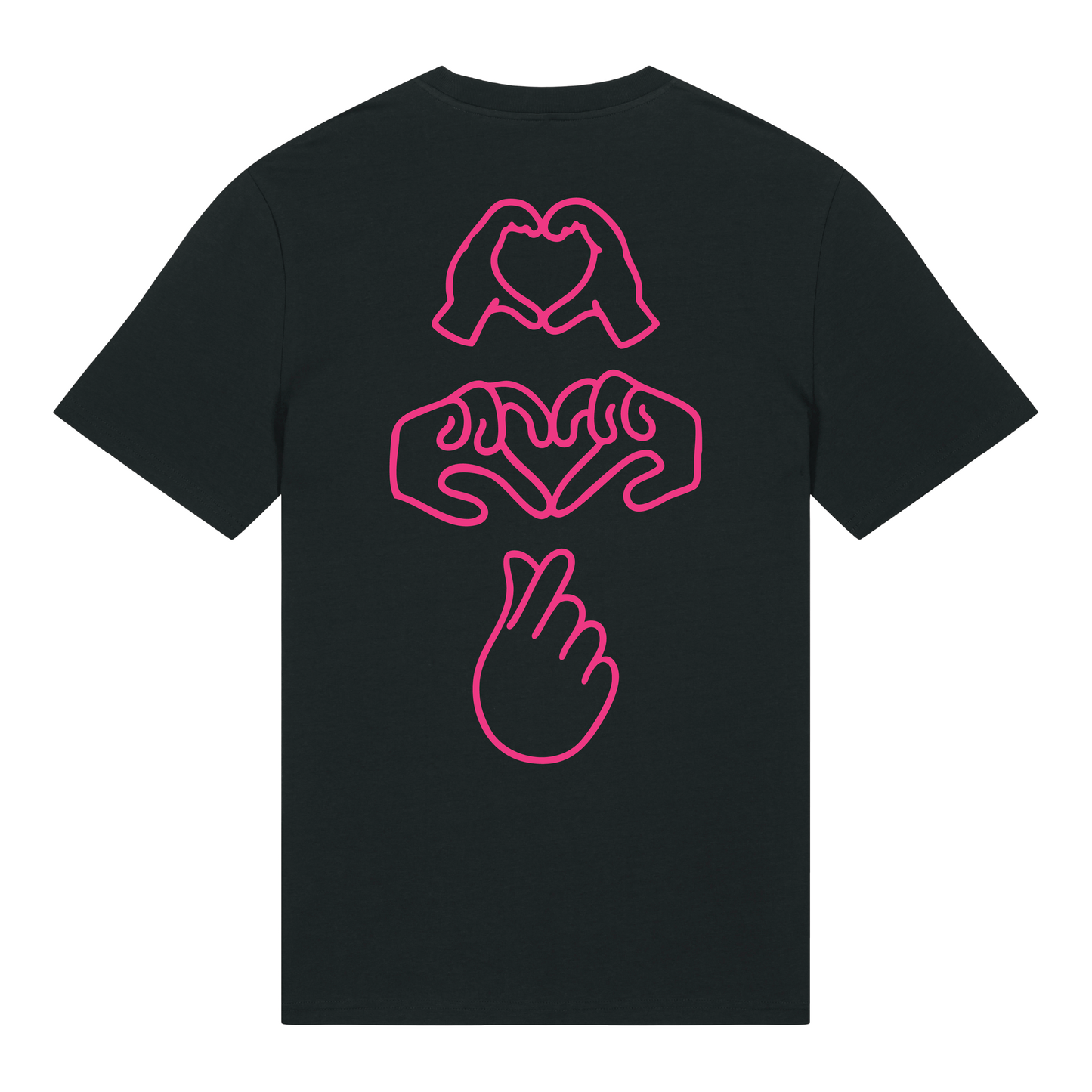 Black t-shirt with dual Gen Z line-art hand graphics with a neon pink puff print, soft cotton unisex fit
