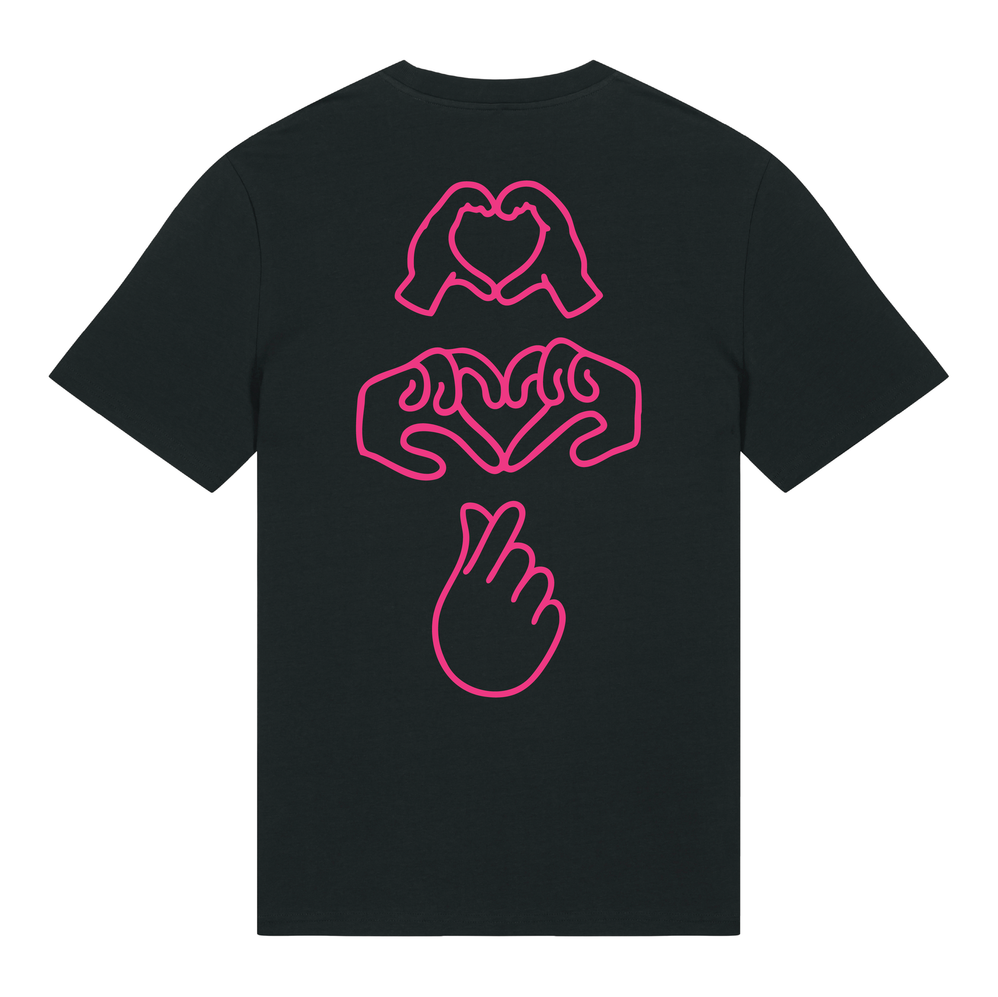Black t-shirt with dual Gen Z line-art hand graphics with a neon pink puff print, soft cotton unisex fit