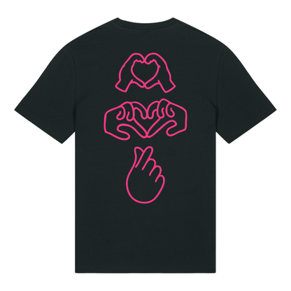 Black t-shirt with dual Gen Z line-art hand graphics with a neon pink puff print, soft cotton unisex fit