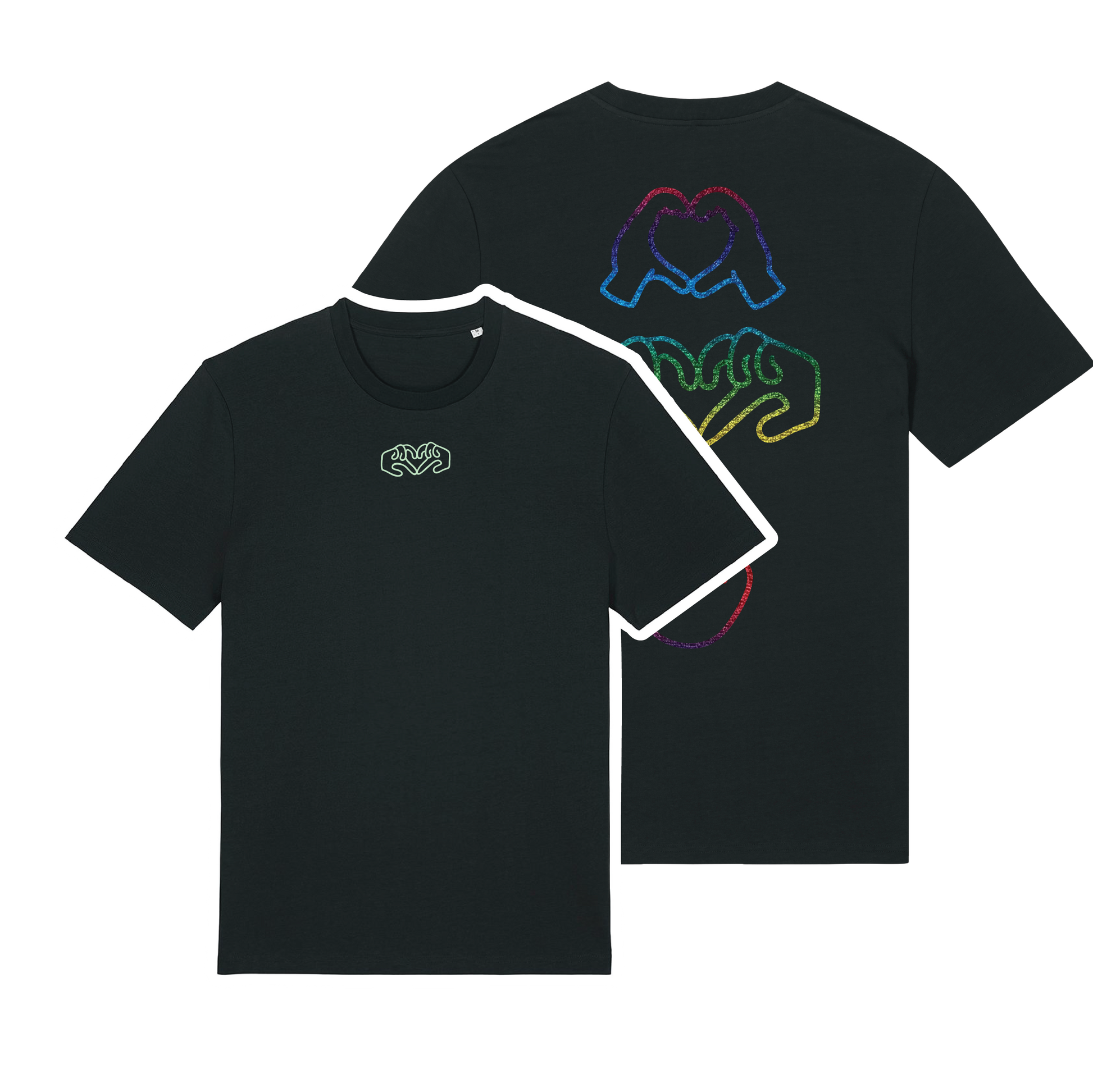 Black t-shirt with dual Gen Z line-art hand graphics with a glow in the dark front embroidery & Rainbow foil back, soft cotton unisex fit