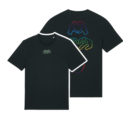 Black t-shirt with dual Gen Z line-art hand graphics with a glow in the dark front embroidery & Rainbow foil back, soft cotton unisex fit
