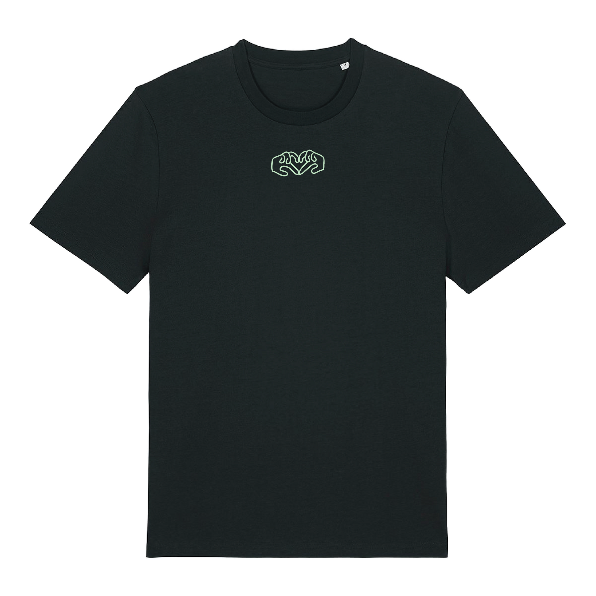 Black t-shirt with dual Gen Z line-art hand graphics with a glow in the dark front embroidery & Rainbow foil back, soft cotton unisex fit