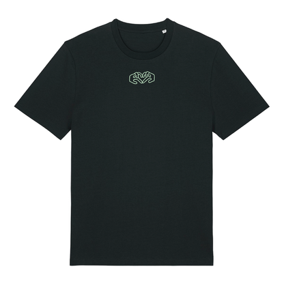 Black t-shirt with dual Gen Z line-art hand graphics with a glow in the dark front embroidery & Rainbow foil back, soft cotton unisex fit