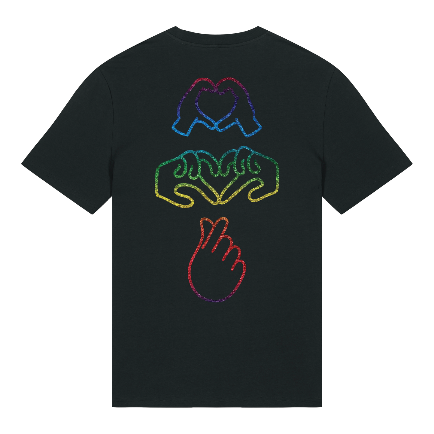 Black t-shirt with dual Gen Z line-art hand graphics with a glow in the dark front embroidery & Rainbow foil back, soft cotton unisex fit