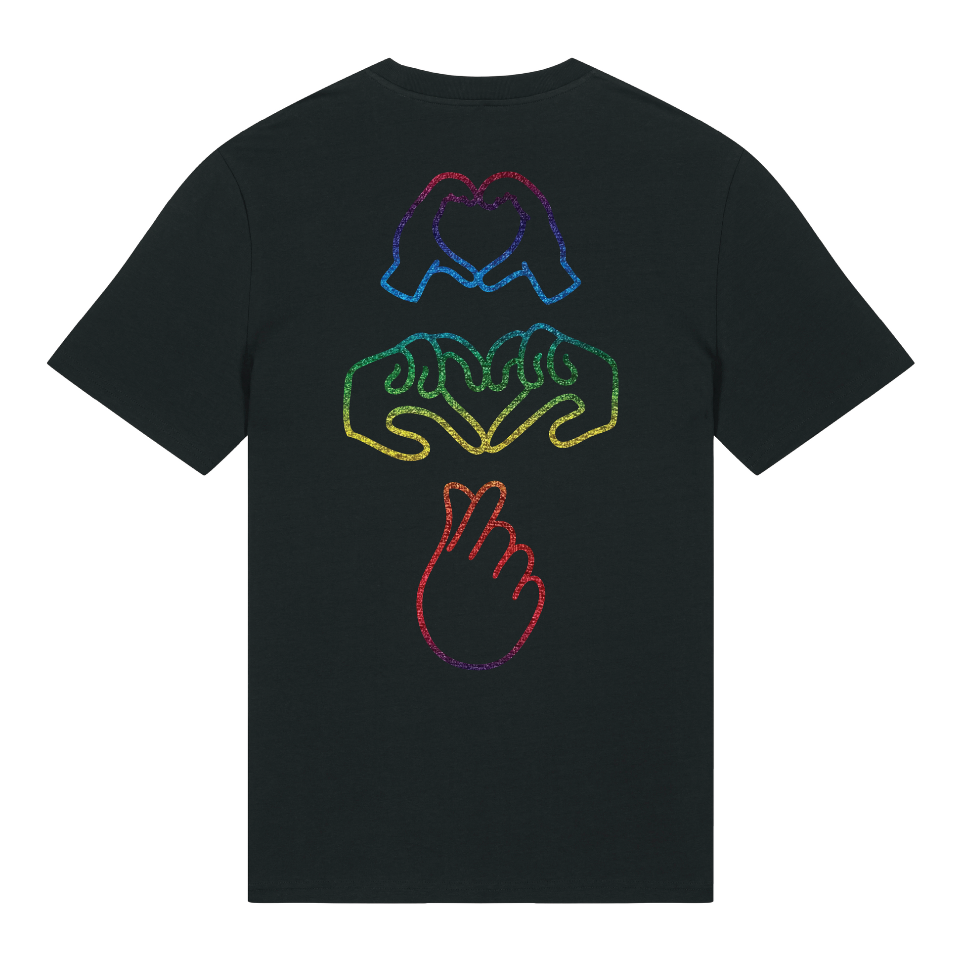 Black t-shirt with dual Gen Z line-art hand graphics with a glow in the dark front embroidery & Rainbow foil back, soft cotton unisex fit