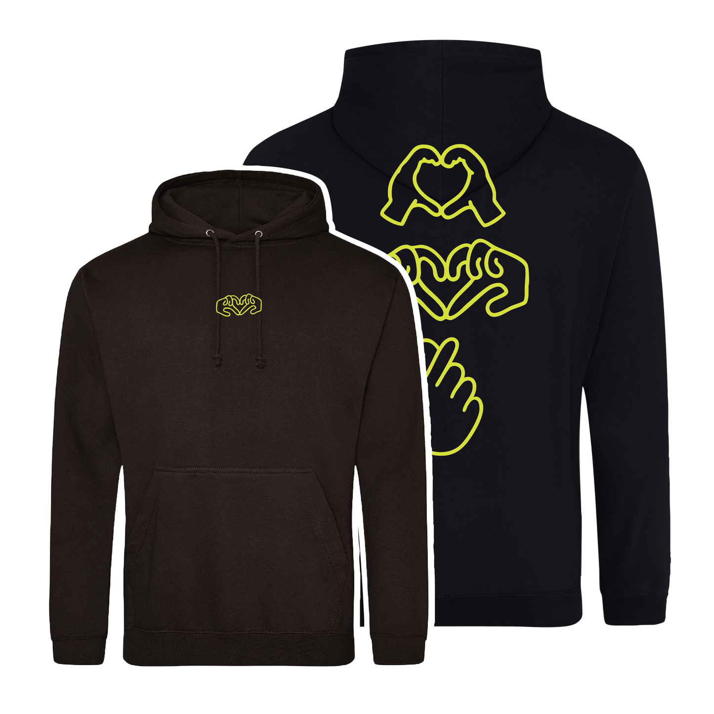 Black hoodie with bright Gen Z inspired hand design, minimalist front logo, with Neon yellow puff print