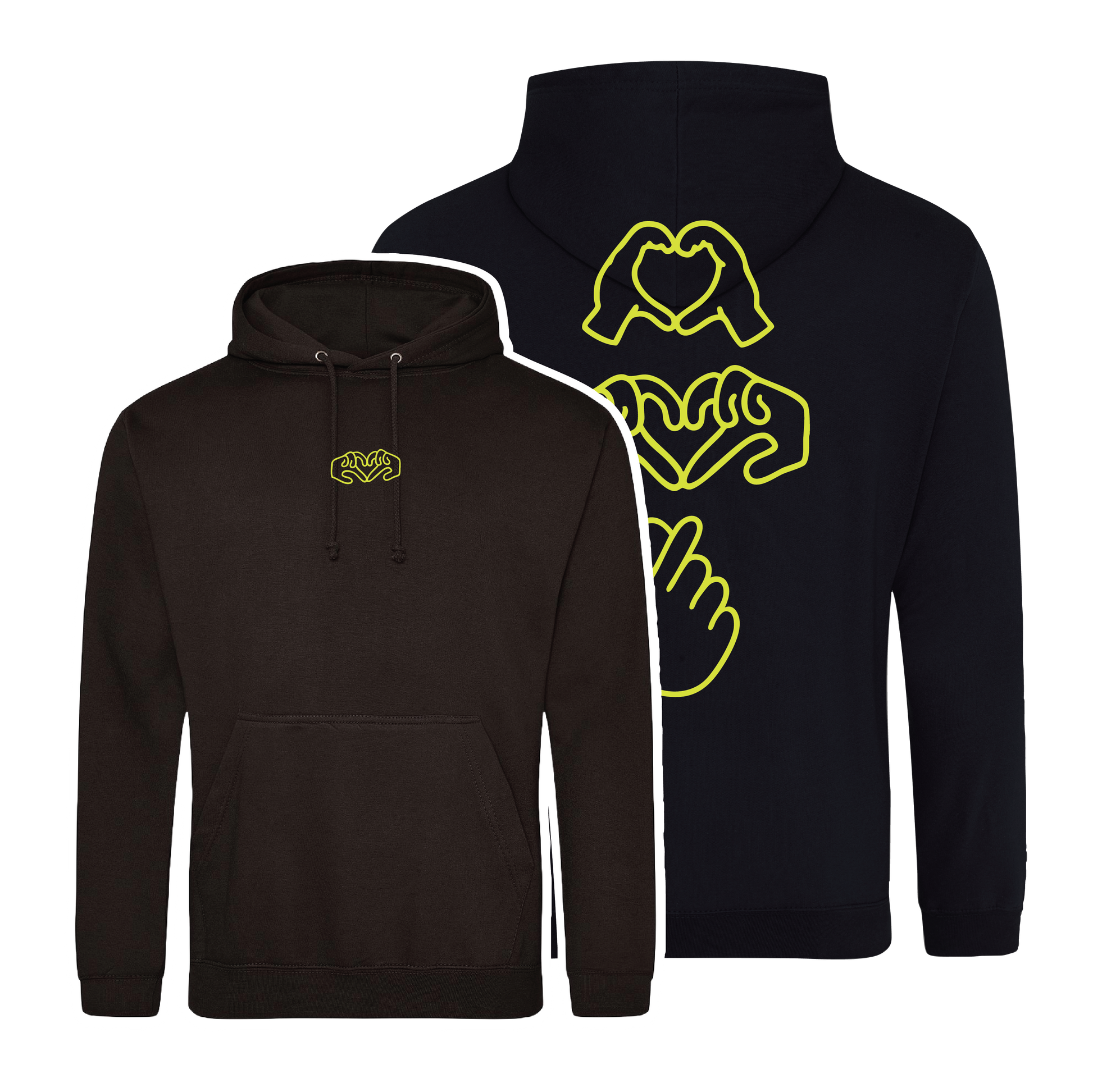 Black hoodie with bright Gen Z inspired hand design, minimalist front logo, with Neon yellow puff print