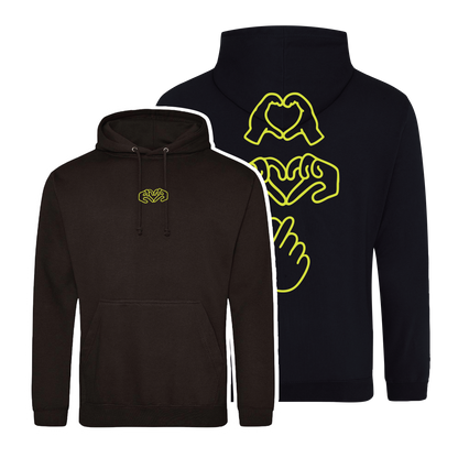 Black hoodie with bright Gen Z inspired hand design, minimalist front logo, with Neon yellow puff print