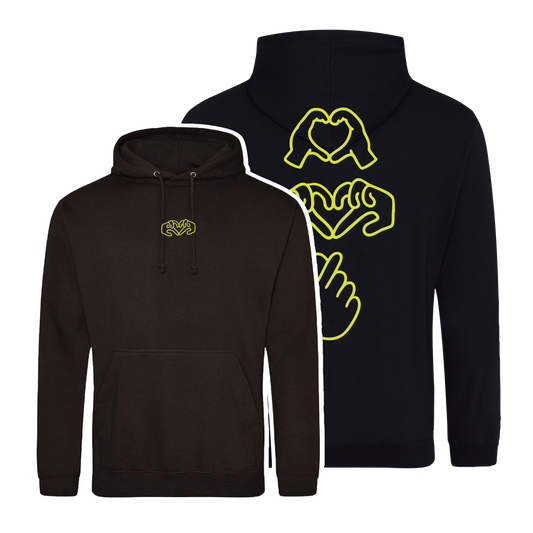 Black hoodie with bright Gen Z inspired hand design, minimalist front logo, with Neon yellow puff print