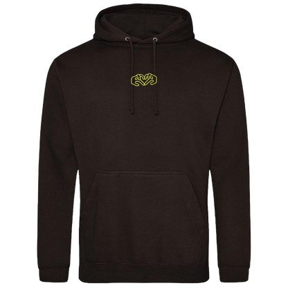 Black hoodie with bright Gen Z inspired hand design, minimalist front logo, with Neon yellow puff print