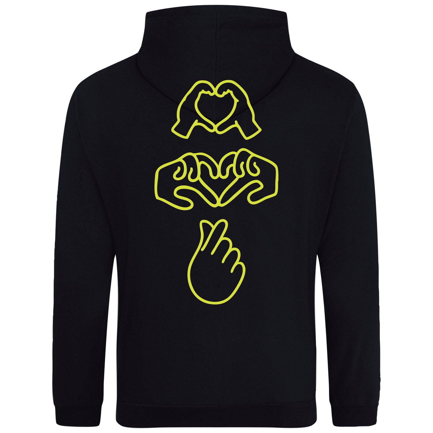 Black hoodie with bright Gen Z inspired hand design, minimalist front logo, with Neon yellow puff print