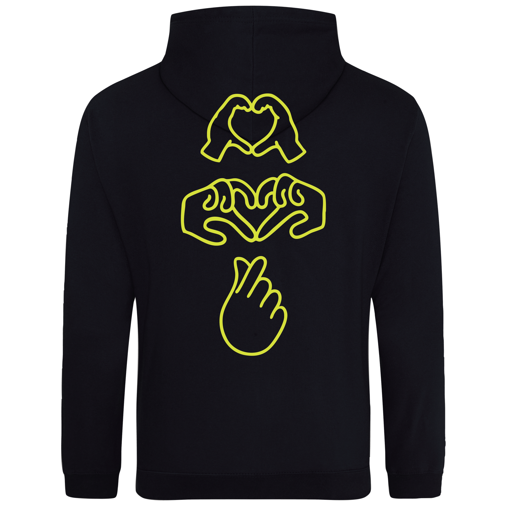 Black hoodie with bright Gen Z inspired hand design, minimalist front logo, with Neon yellow puff print
