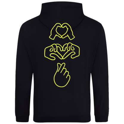 Black hoodie with bright Gen Z inspired hand design, minimalist front logo, with Neon yellow puff print