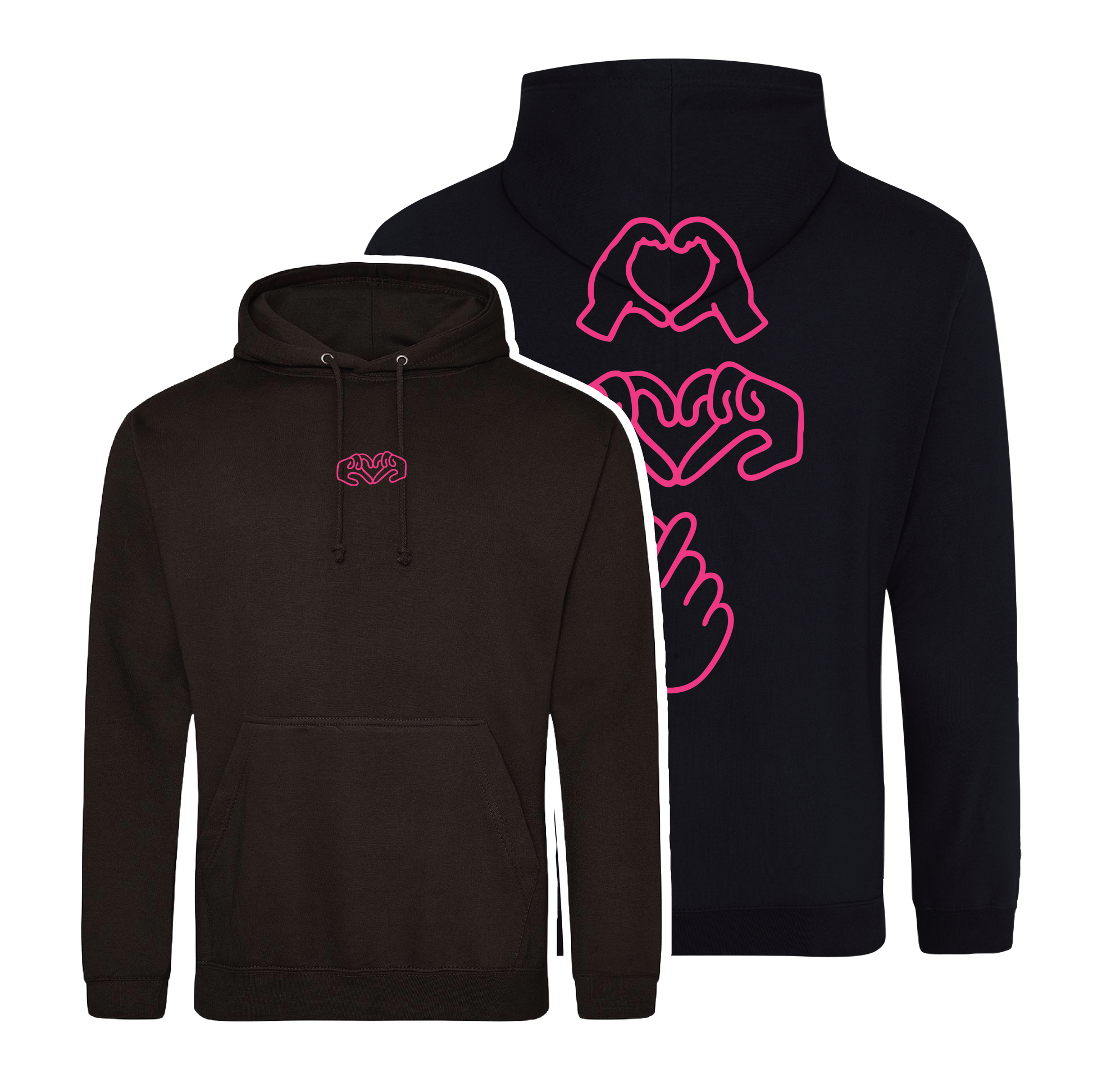 Black hoodie with bright Gen Z inspired hand design, minimalist front logo, with Neon pink puff print