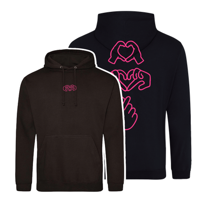 Black hoodie with bright Gen Z inspired hand design, minimalist front logo, with Neon pink puff print