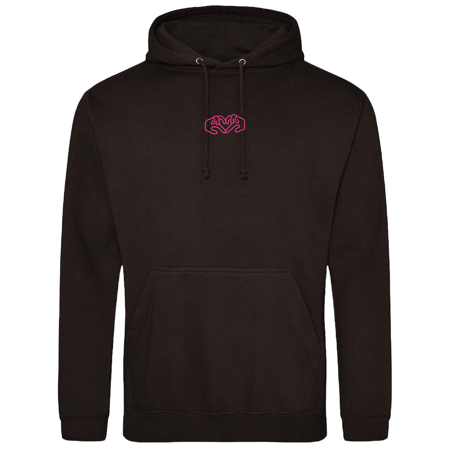 Black hoodie with bright Gen Z inspired hand design, minimalist front logo, with Neon pink puff print