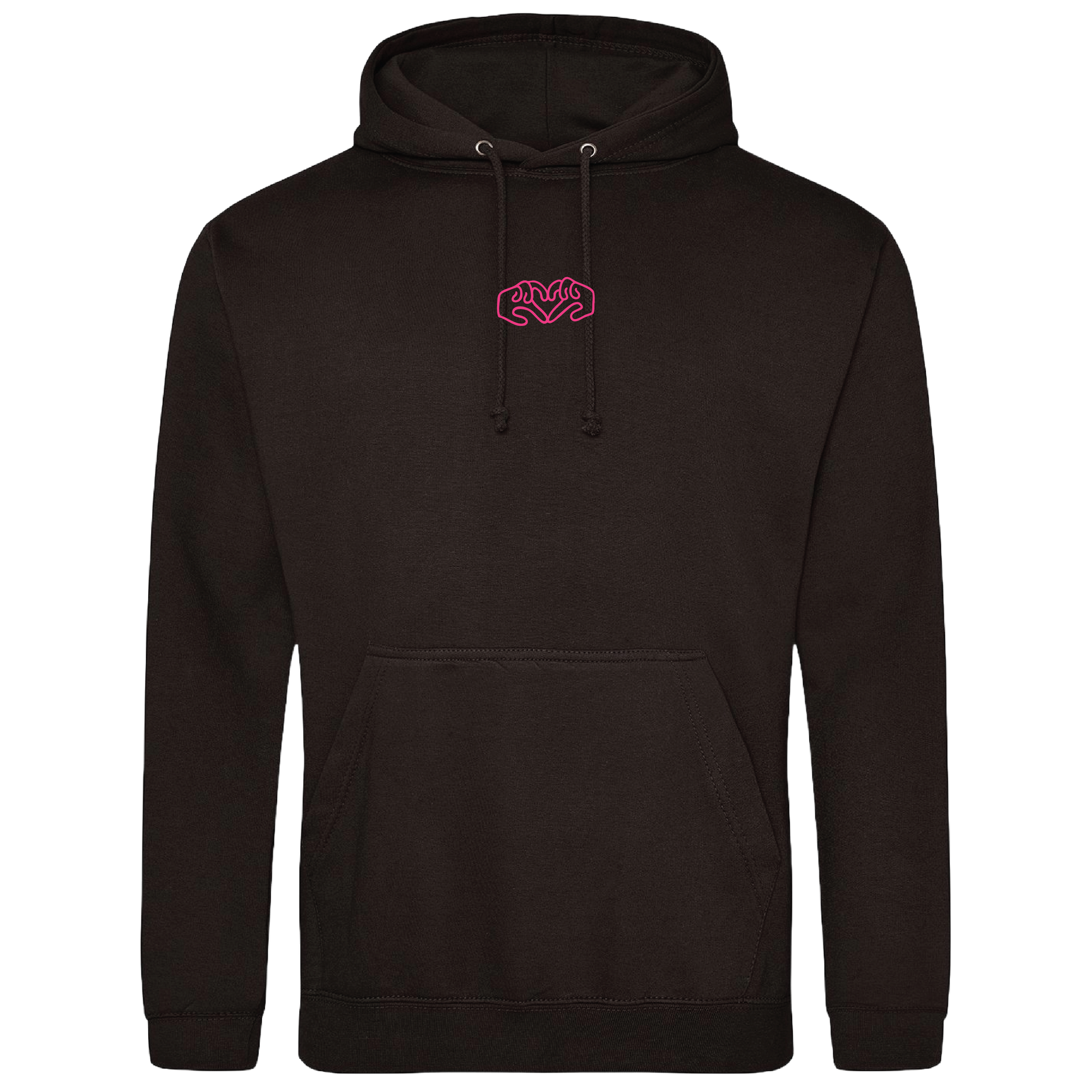 Black hoodie with bright Gen Z inspired hand design, minimalist front logo, with Neon pink puff print