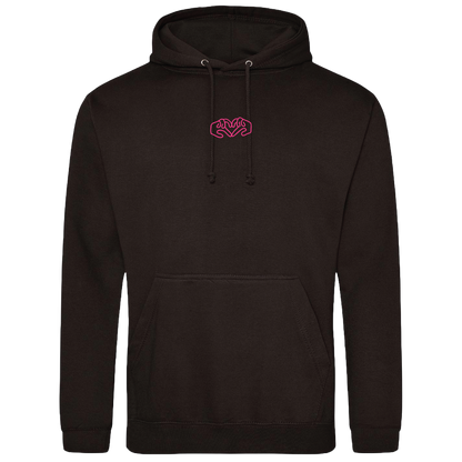 Black hoodie with bright Gen Z inspired hand design, minimalist front logo, with Neon pink puff print