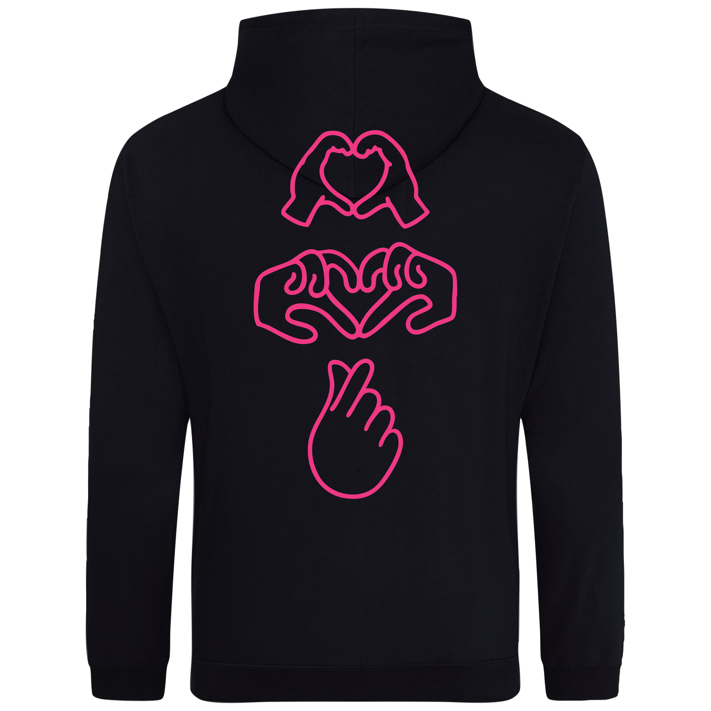 Black hoodie with bright Gen Z inspired hand design, minimalist front logo, with Neon pink puff print