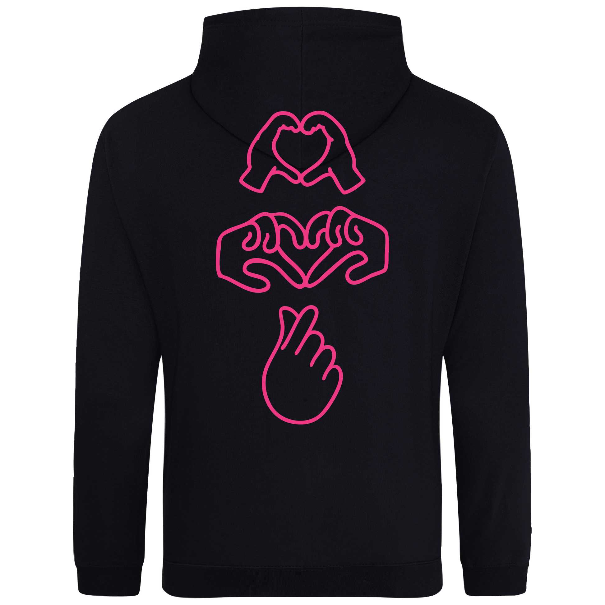 Black hoodie with bright Gen Z inspired hand design, minimalist front logo, with Neon pink puff print