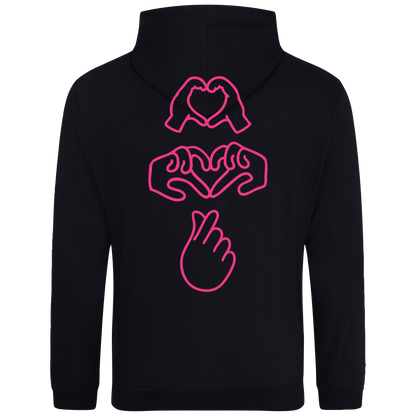 Black hoodie with bright Gen Z inspired hand design, minimalist front logo, with Neon pink puff print