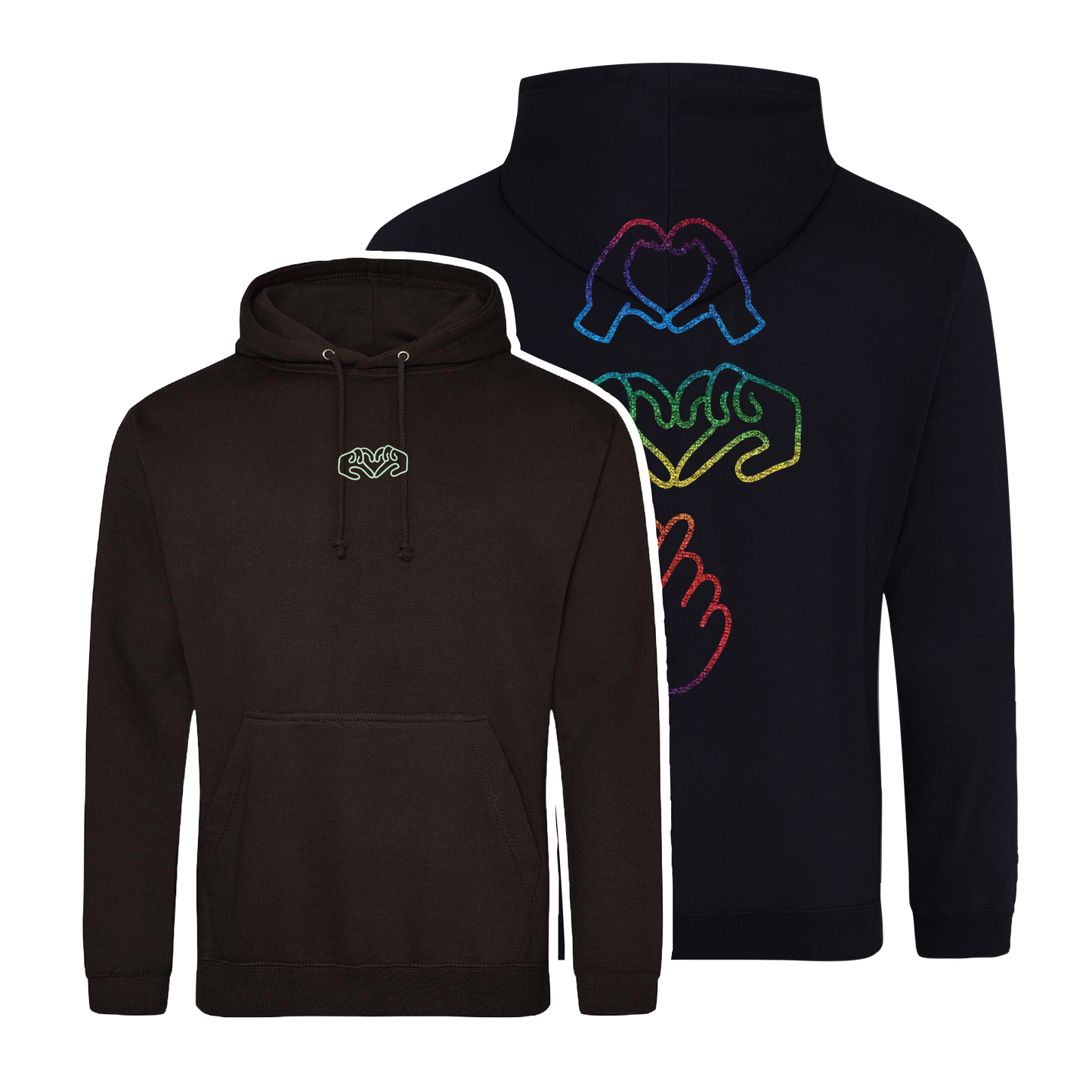 Black hoodie with bright Gen Z inspired hand design, minimalist front logo, with glow In the dark embroidery o the front & rainbow foil on the back