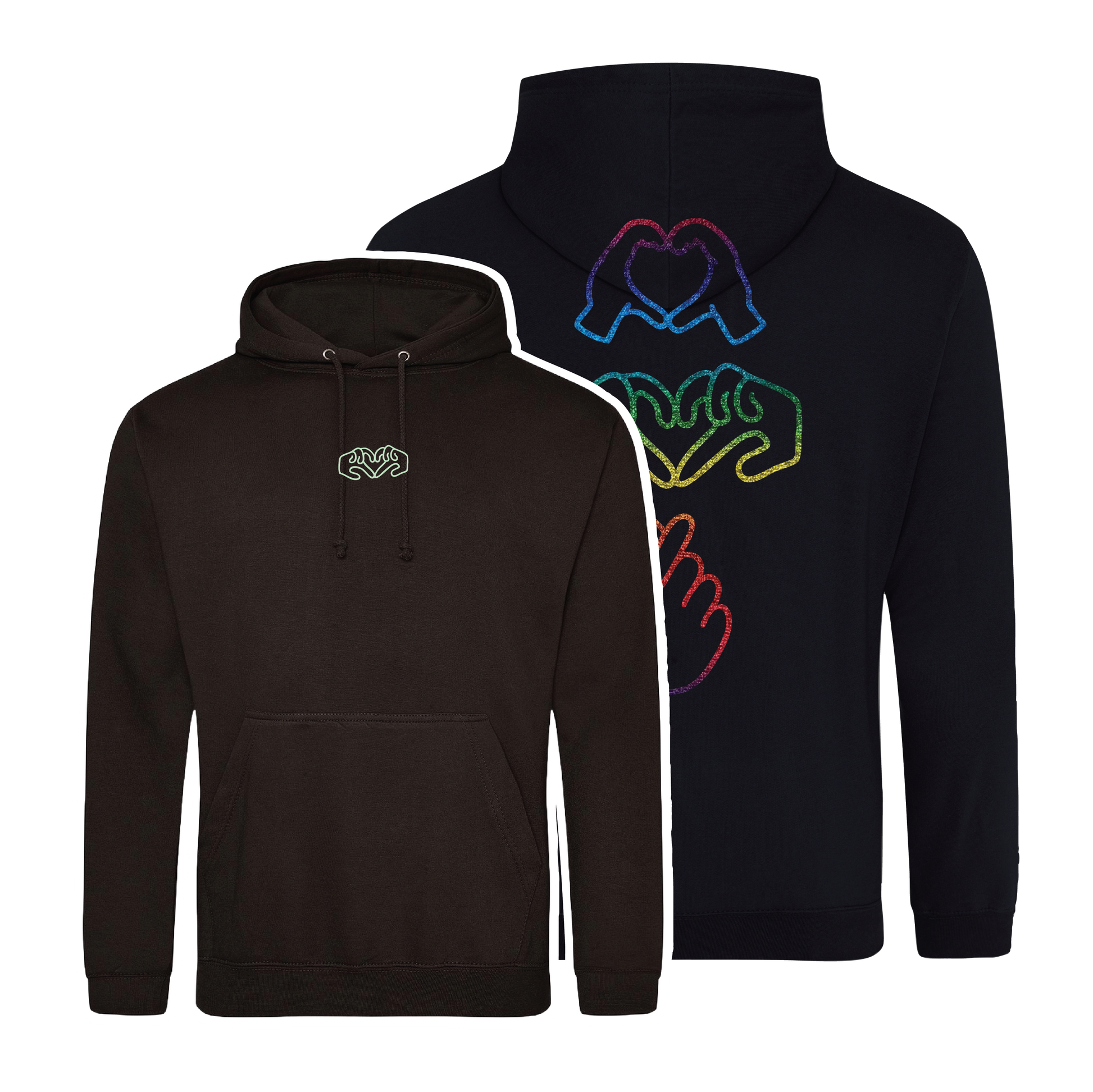 Black hoodie with bright Gen Z inspired hand design, minimalist front logo, with glow In the dark embroidery o the front & rainbow foil on the back