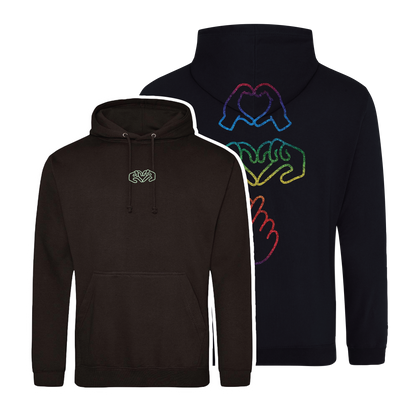 Black hoodie with bright Gen Z inspired hand design, minimalist front logo, with glow In the dark embroidery o the front & rainbow foil on the back