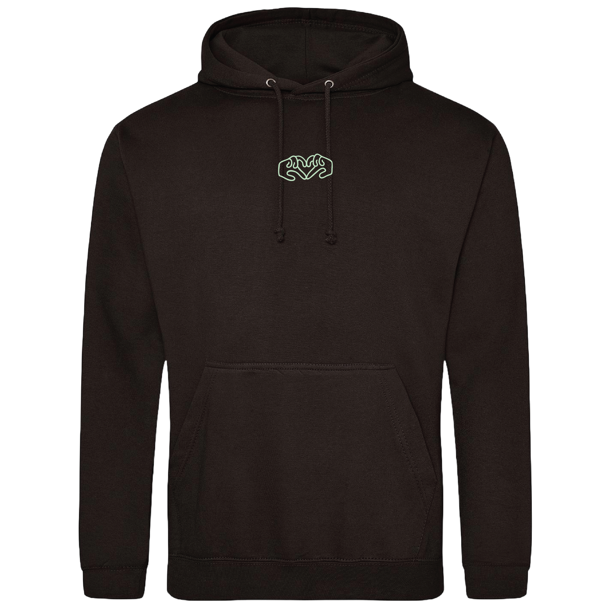 Black hoodie with bright Gen Z inspired hand design, minimalist front logo, with glow In the dark embroidery o the front & rainbow foil on the back