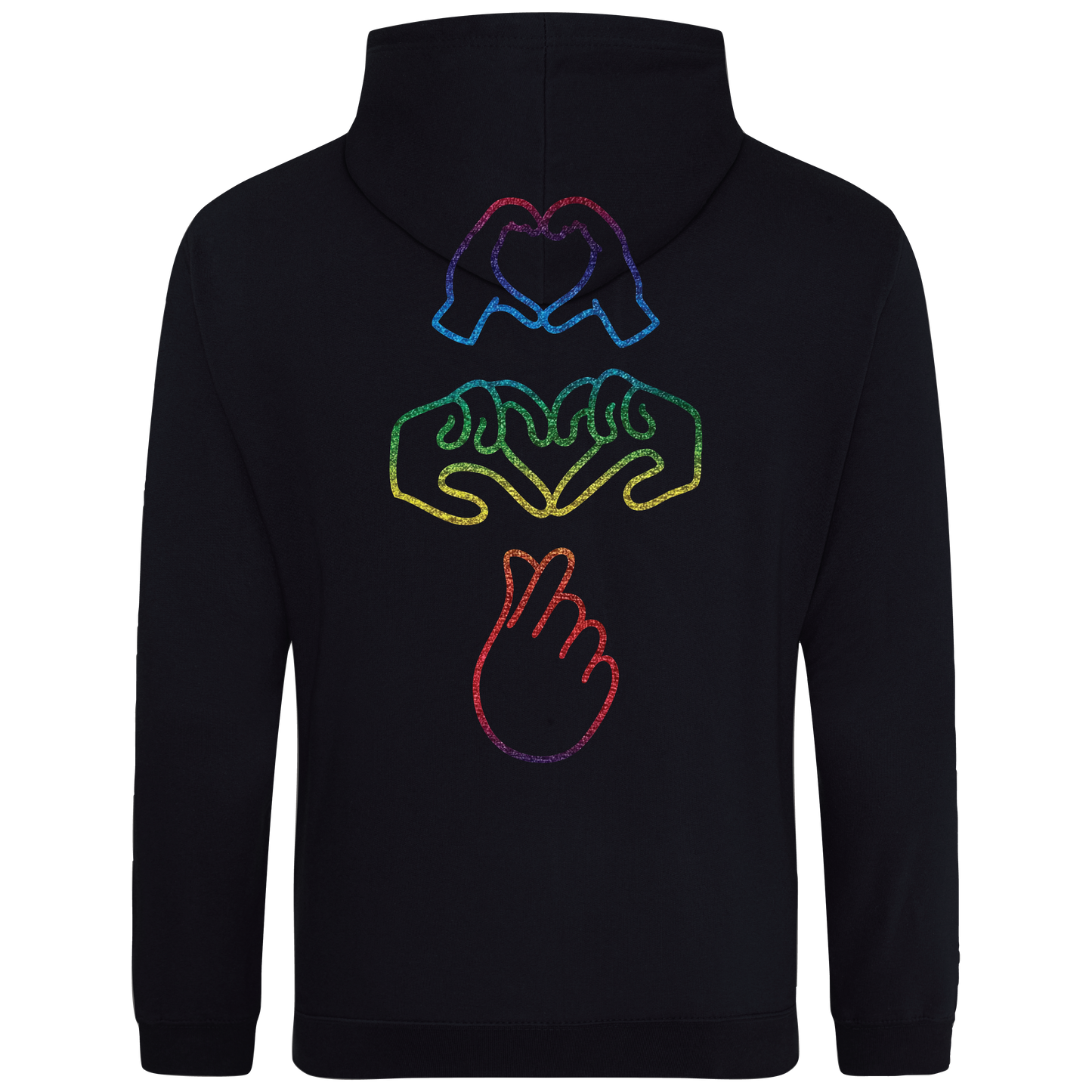 Black hoodie with bright Gen Z inspired hand design, minimalist front logo, with glow In the dark embroidery o the front & rainbow foil on the back