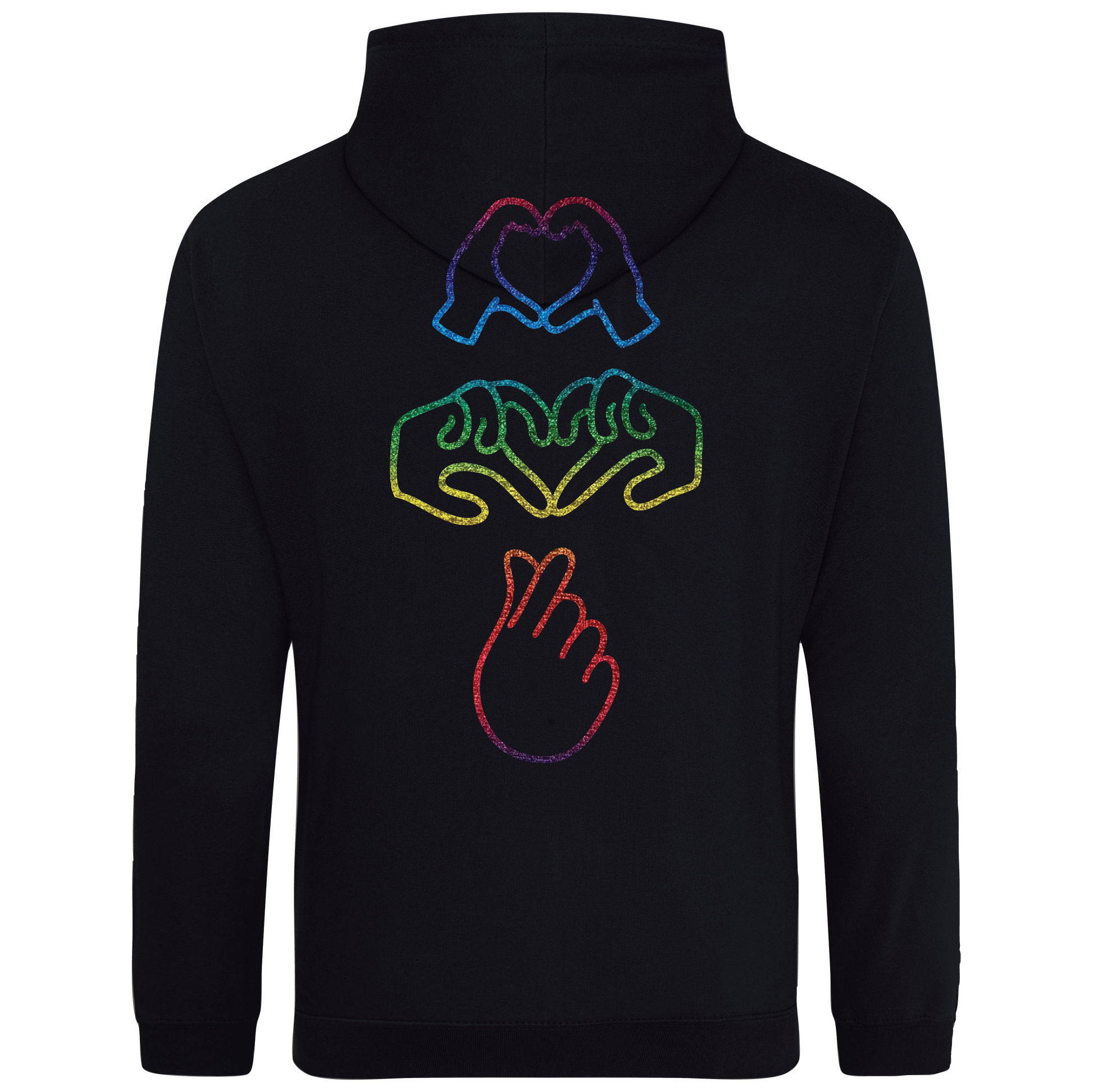 Black hoodie with bright Gen Z inspired hand design, minimalist front logo, with glow In the dark embroidery o the front & rainbow foil on the back
