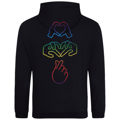 Black hoodie with bright Gen Z inspired hand design, minimalist front logo, with glow In the dark embroidery o the front & rainbow foil on the back