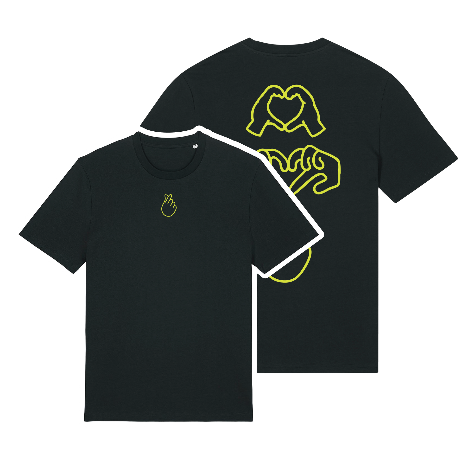 Black short-sleeve t-shirt with neon yellow puff print Gen Alpha hand graphic, unisex fit, vibrant line-art design
