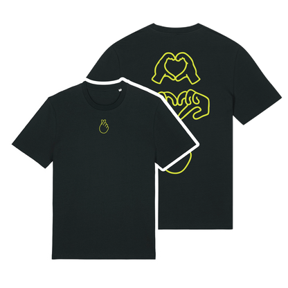 Black short-sleeve t-shirt with neon yellow puff print Gen Alpha hand graphic, unisex fit, vibrant line-art design