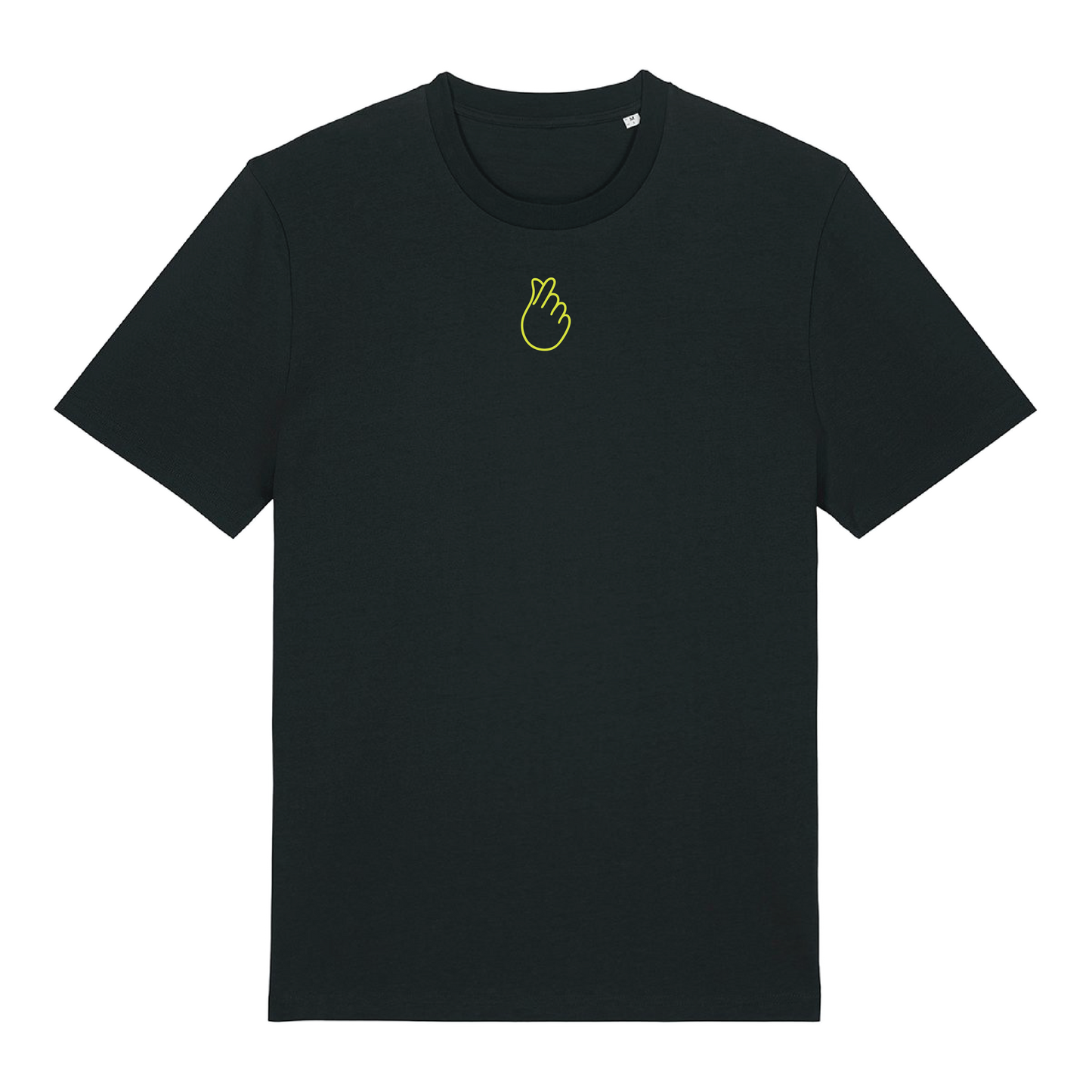 Black short-sleeve t-shirt with neon yellow puff print Gen Alpha hand graphic, unisex fit, vibrant line-art design