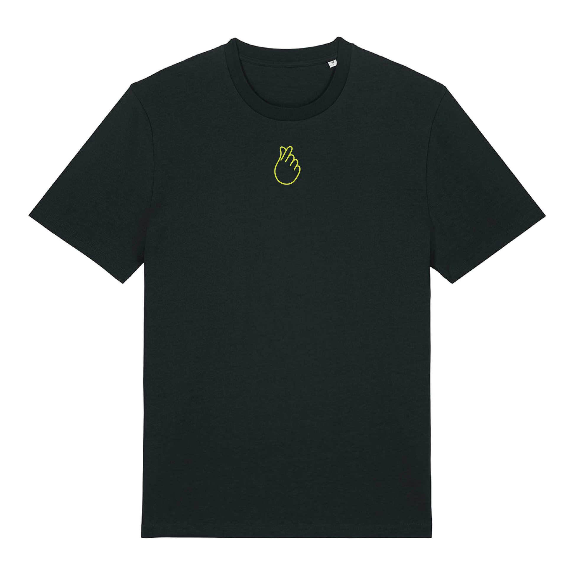 Black short-sleeve t-shirt with neon yellow puff print Gen Alpha hand graphic, unisex fit, vibrant line-art design
