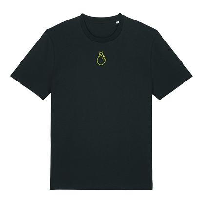 Black short-sleeve t-shirt with neon yellow puff print Gen Alpha hand graphic, unisex fit, vibrant line-art design