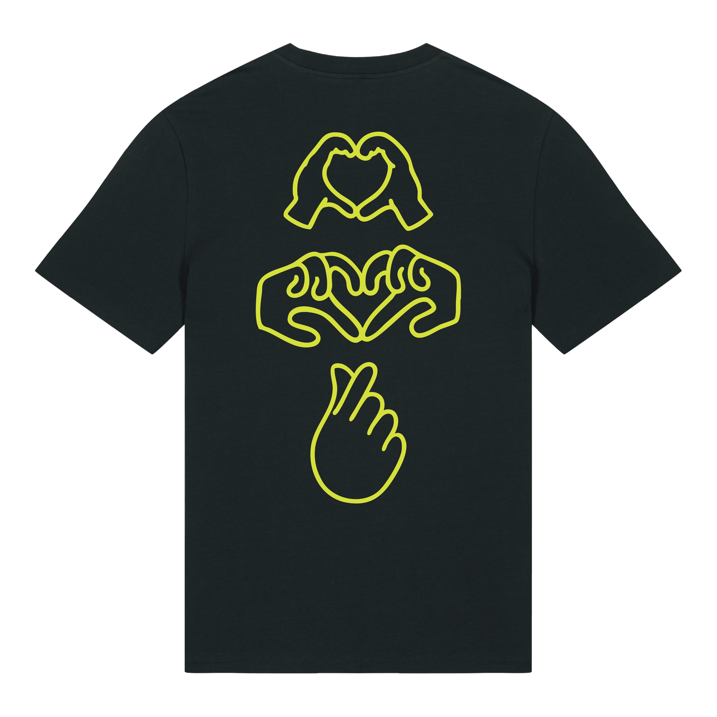 Black short-sleeve t-shirt with neon yellow puff print Gen Alpha hand graphic, unisex fit, vibrant line-art design