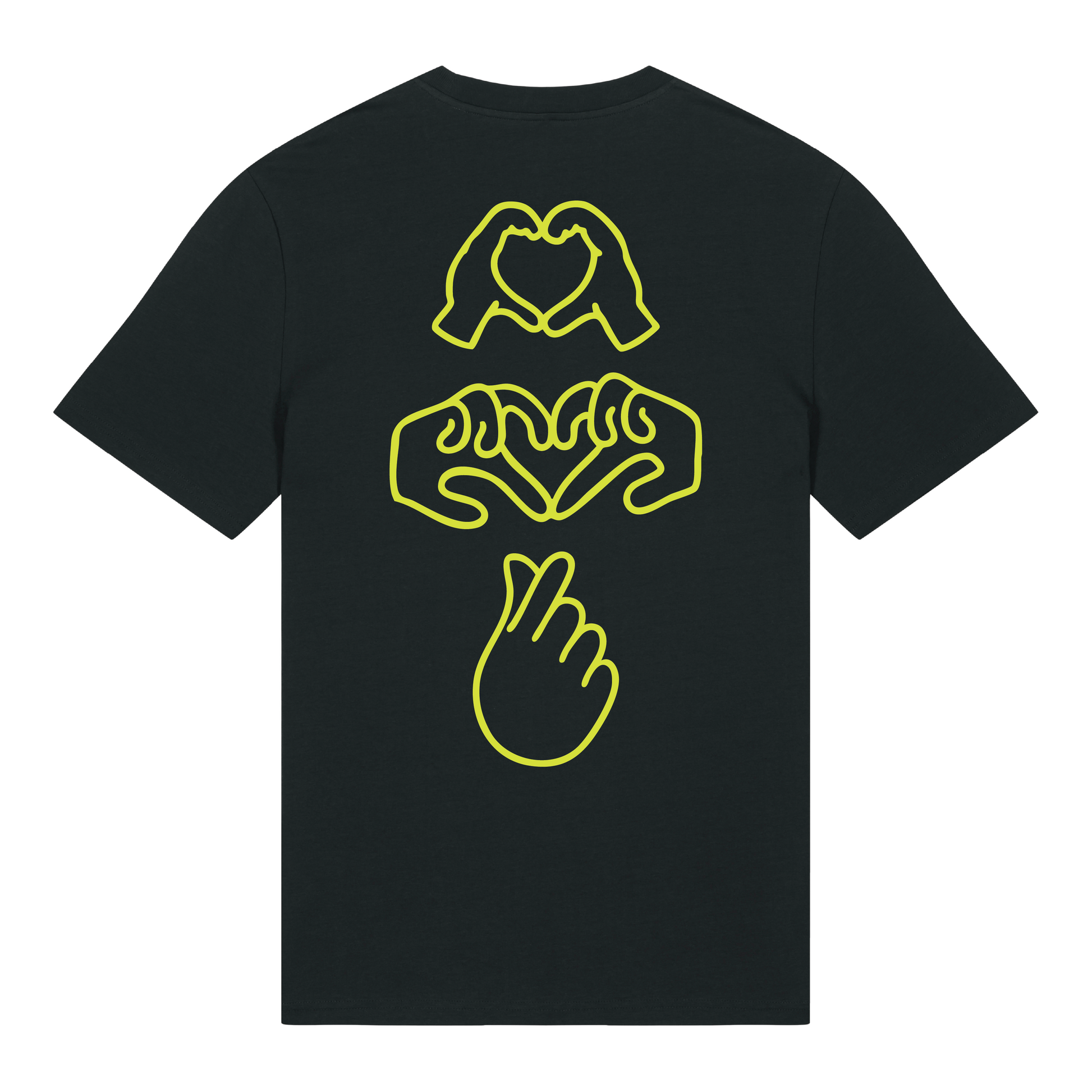 Black short-sleeve t-shirt with neon yellow puff print Gen Alpha hand graphic, unisex fit, vibrant line-art design