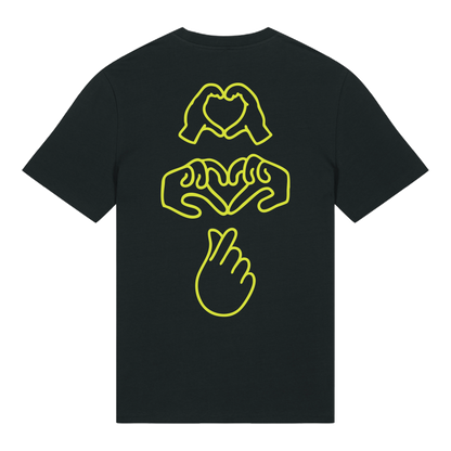 Black short-sleeve t-shirt with neon yellow puff print Gen Alpha hand graphic, unisex fit, vibrant line-art design