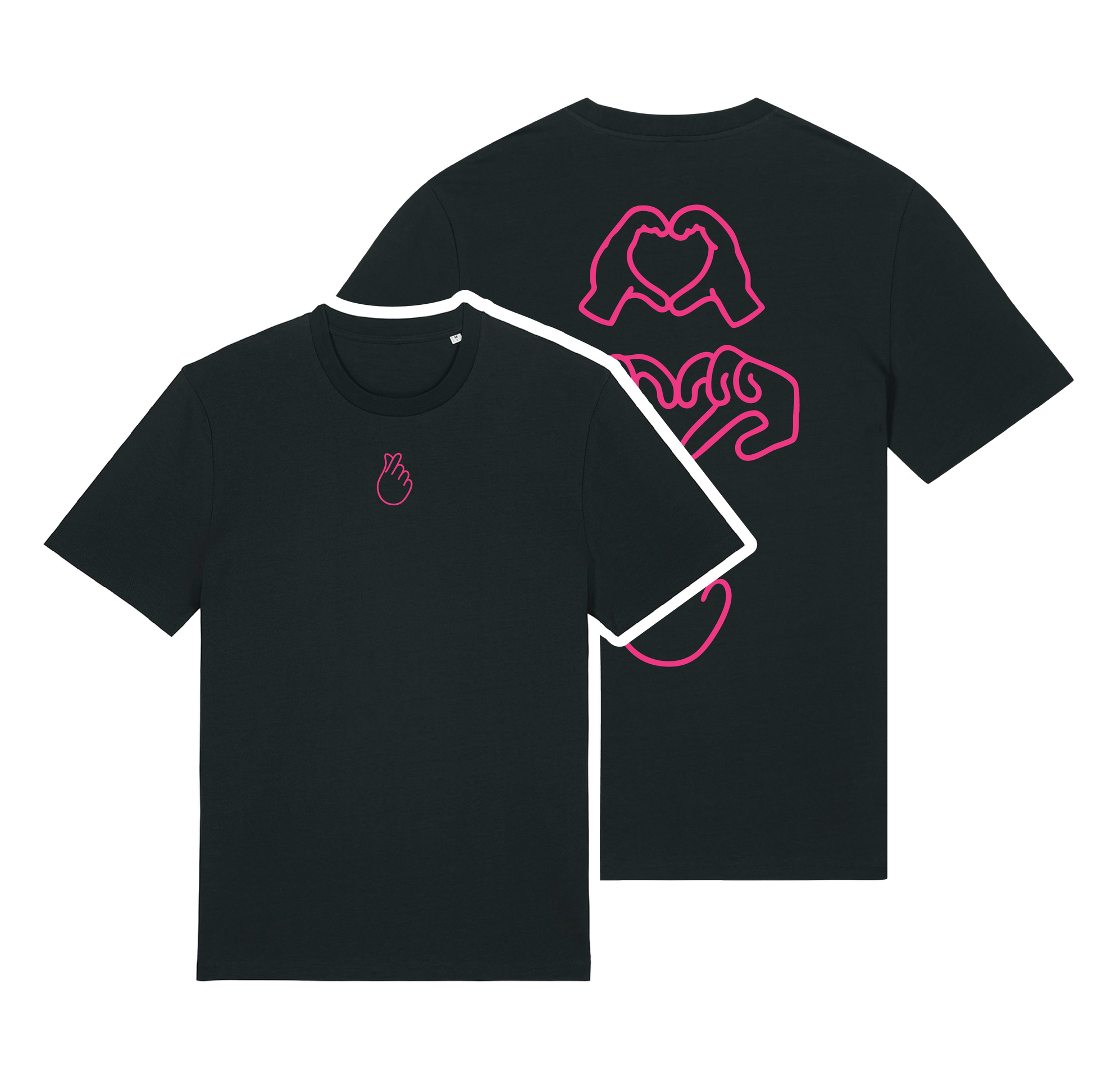 Black short-sleeve t-shirt with neon pink puff print Gen Alpha hand graphic, unisex fit, vibrant line-art design