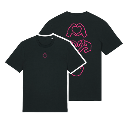 Black short-sleeve t-shirt with neon pink puff print Gen Alpha hand graphic, unisex fit, vibrant line-art design
