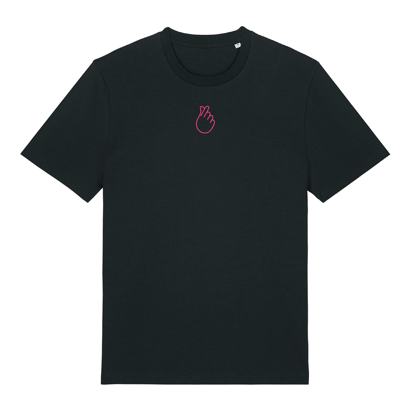 Black short-sleeve t-shirt with neon pink puff print Gen Alpha hand graphic, unisex fit, vibrant line-art design
