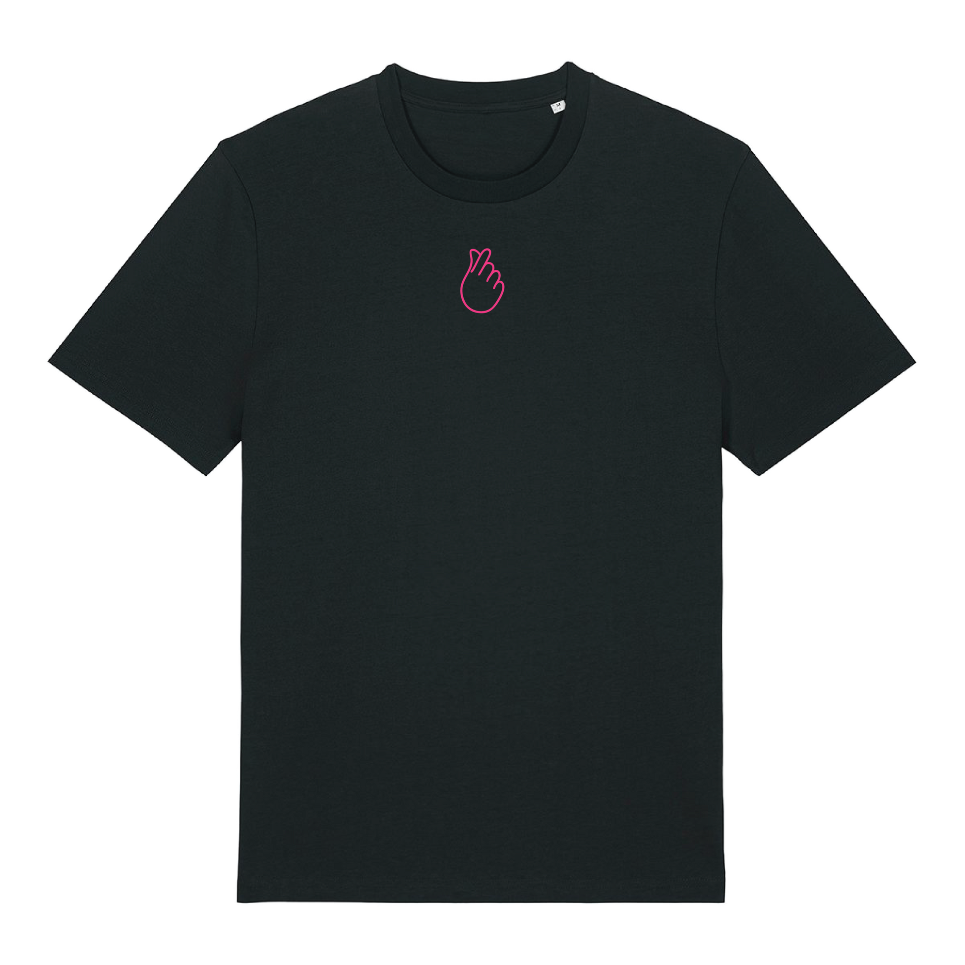 Black short-sleeve t-shirt with neon pink puff print Gen Alpha hand graphic, unisex fit, vibrant line-art design
