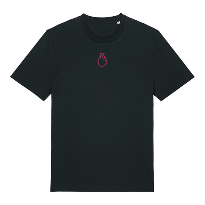 Black short-sleeve t-shirt with neon pink puff print Gen Alpha hand graphic, unisex fit, vibrant line-art design