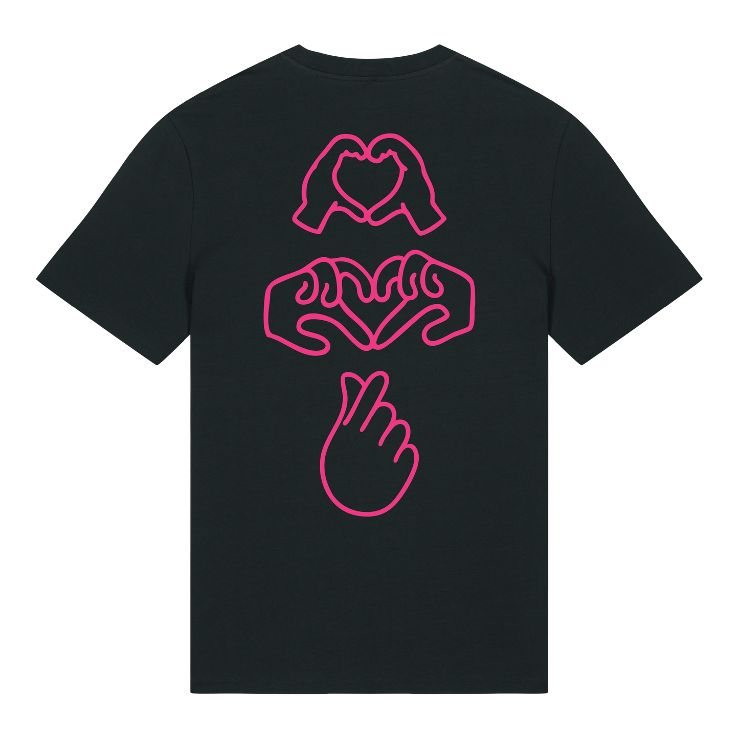 Black short-sleeve t-shirt with neon pink puff print Gen Alpha hand graphic, unisex fit, vibrant line-art design